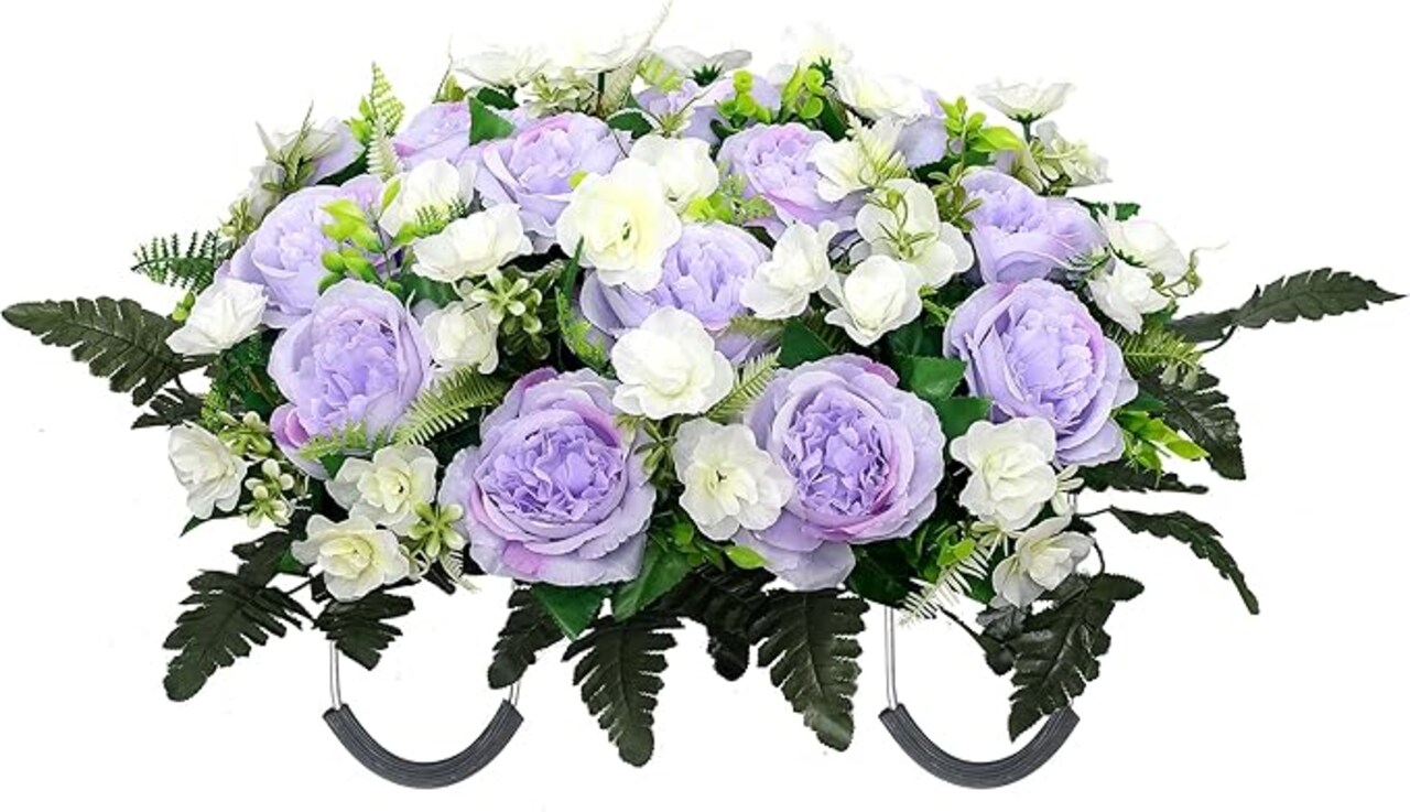 Cemetery Flower Saddle,Artificial Graveyard Flowers Grave Decorations,Headstone Flower Saddle Fade,Artificial Peonies Grave Memorial Flowers for Headstones Decoration (Purple White)